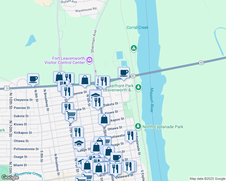 map of restaurants, bars, coffee shops, grocery stores, and more near 225 Cheyenne Street in Leavenworth