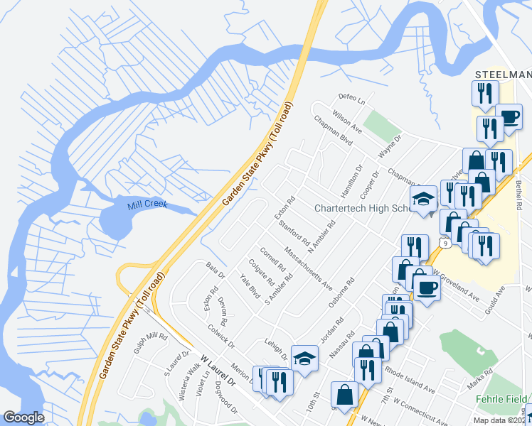 map of restaurants, bars, coffee shops, grocery stores, and more near 25 Bucknell Road in Somers Point