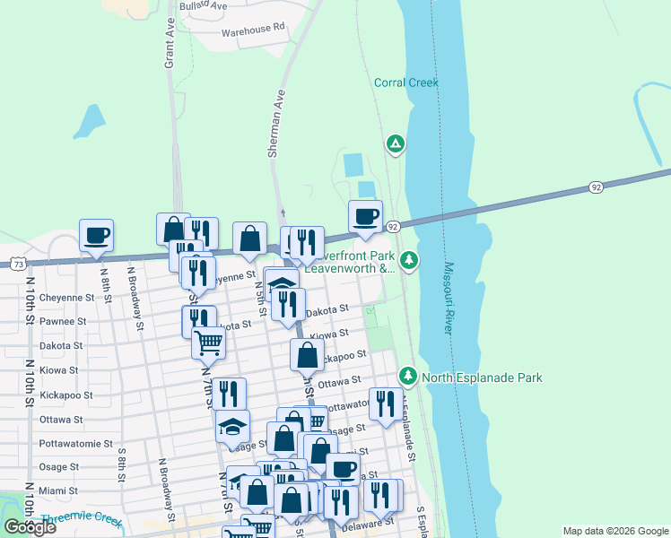 map of restaurants, bars, coffee shops, grocery stores, and more near 219 Cheyenne Street in Leavenworth