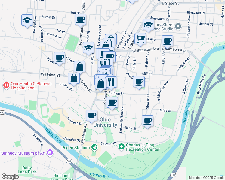 map of restaurants, bars, coffee shops, grocery stores, and more near 20 West Union Street in Athens