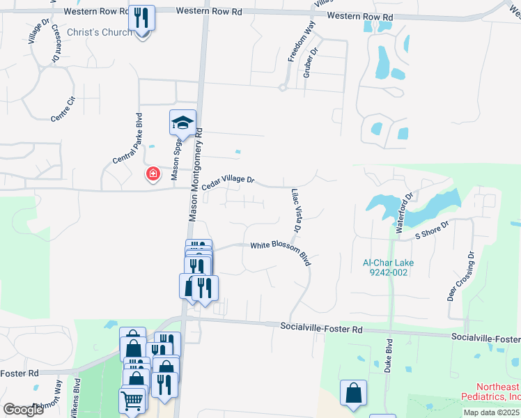 map of restaurants, bars, coffee shops, grocery stores, and more near 4673 Mallard Creek Drive in Mason