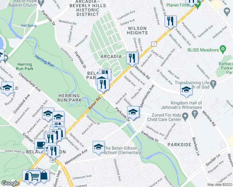 map of restaurants, bars, coffee shops, grocery stores, and more near 4239 Sheldon Avenue in Baltimore