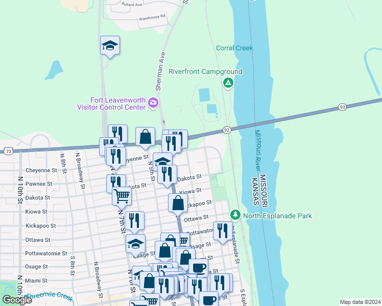 map of restaurants, bars, coffee shops, grocery stores, and more near 225 Cheyenne Street in Leavenworth