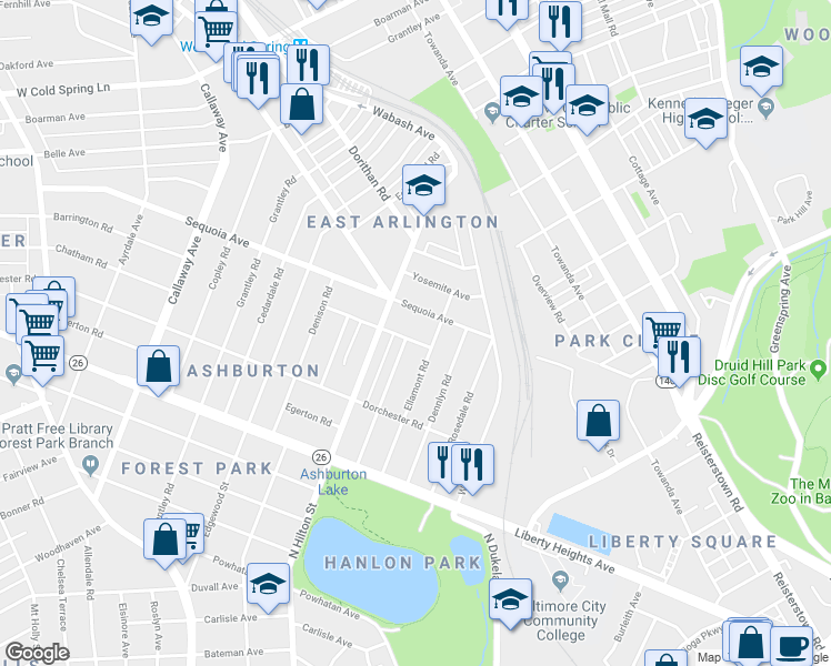 map of restaurants, bars, coffee shops, grocery stores, and more near 3206 Barrington Road in Baltimore