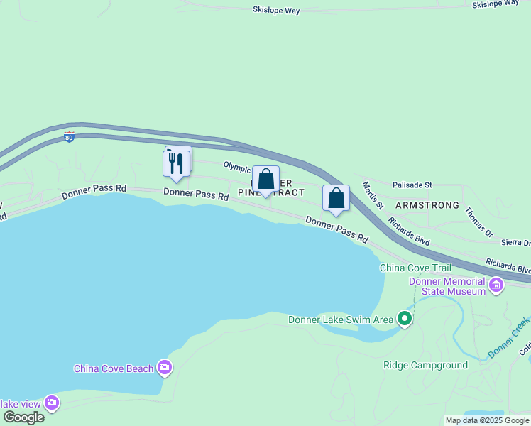 map of restaurants, bars, coffee shops, grocery stores, and more near 13406 Donner Pass Road in Truckee