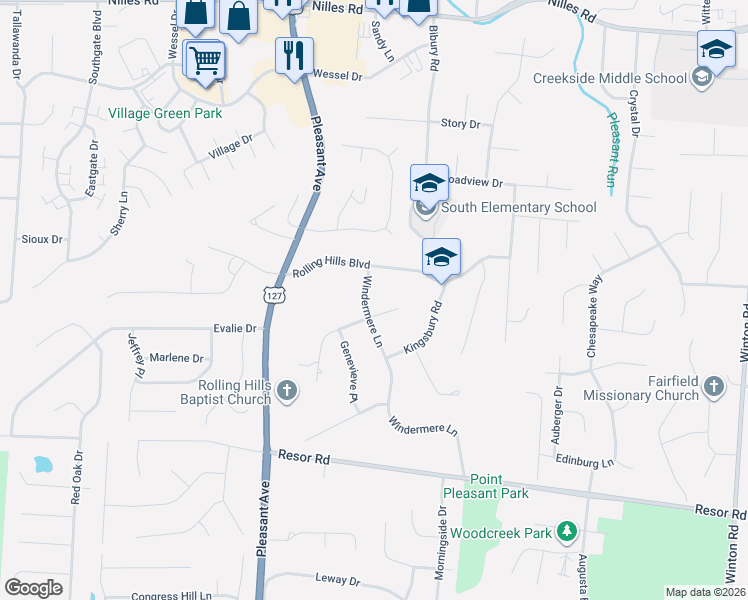 map of restaurants, bars, coffee shops, grocery stores, and more near 2115 Rolling Hills Boulevard in Fairfield