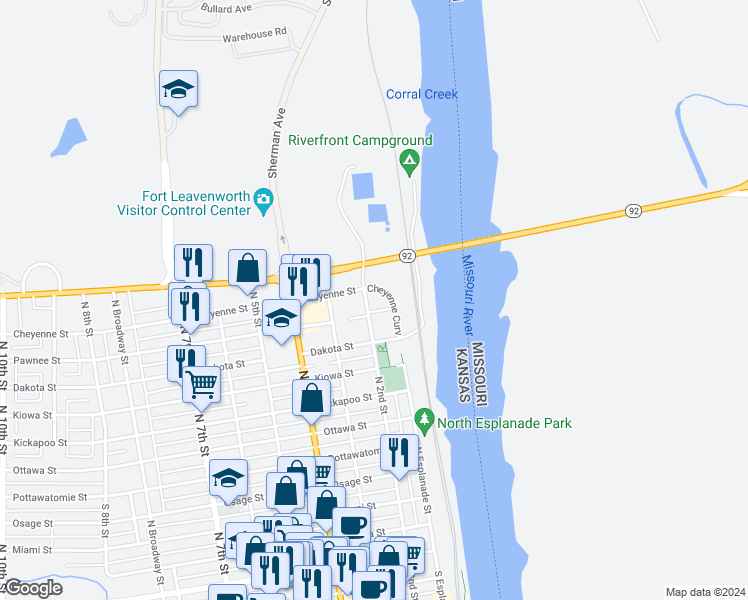 map of restaurants, bars, coffee shops, grocery stores, and more near 1102 North 2nd Street in Leavenworth
