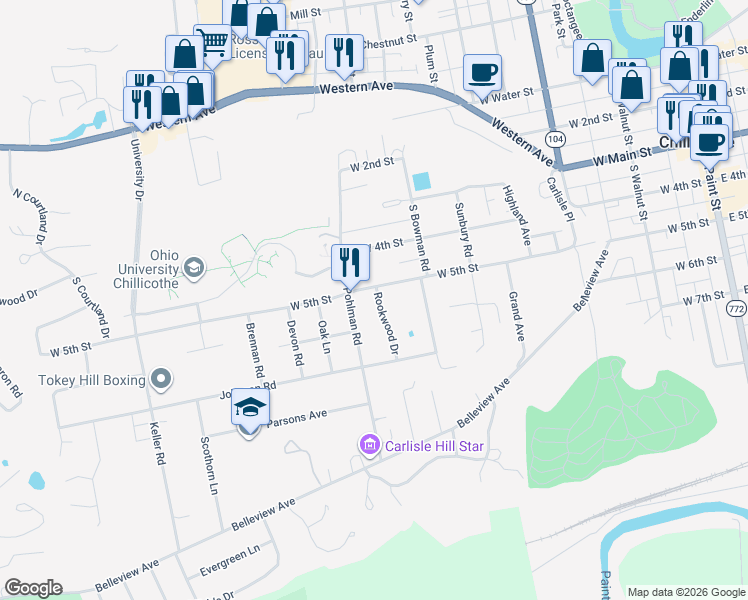 map of restaurants, bars, coffee shops, grocery stores, and more near 8 Rookwood Drive in Chillicothe