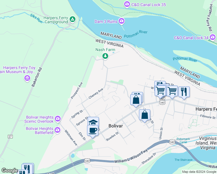 map of restaurants, bars, coffee shops, grocery stores, and more near 32 Bolivar Court in Harpers Ferry