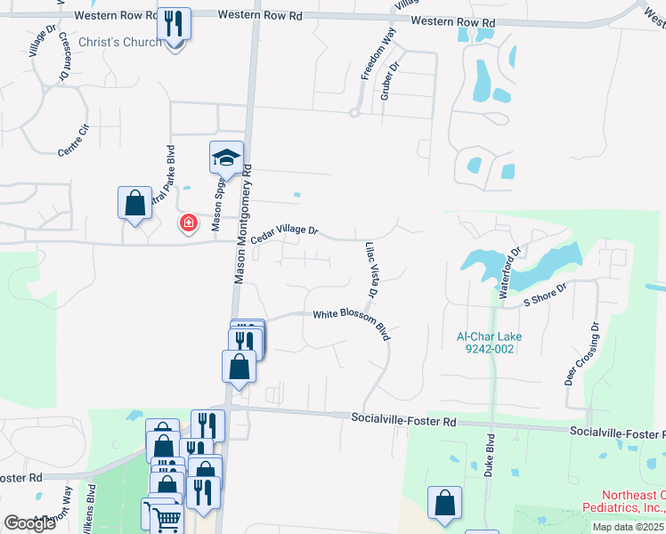 map of restaurants, bars, coffee shops, grocery stores, and more near 4673 Mallard Creek Drive in Mason