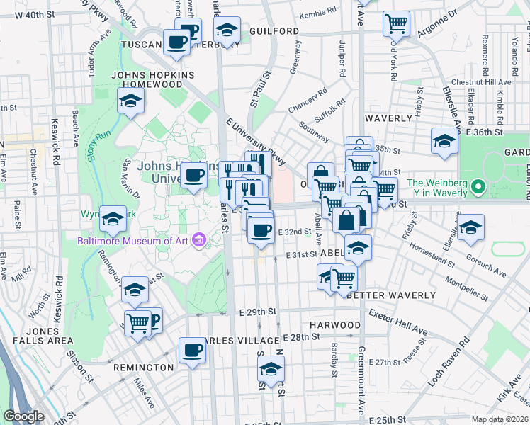map of restaurants, bars, coffee shops, grocery stores, and more near 101 East 33rd Street in Baltimore
