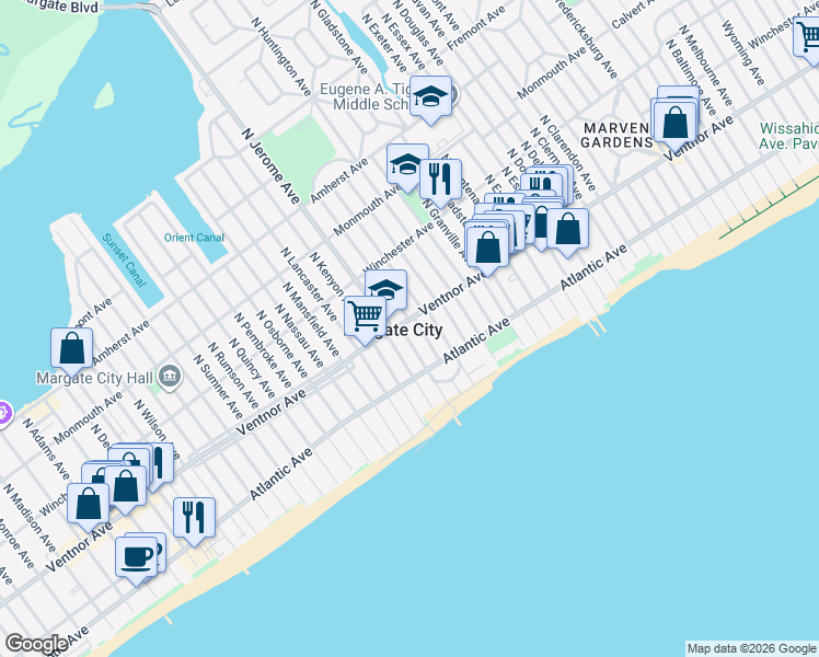 map of restaurants, bars, coffee shops, grocery stores, and more near in Margate City