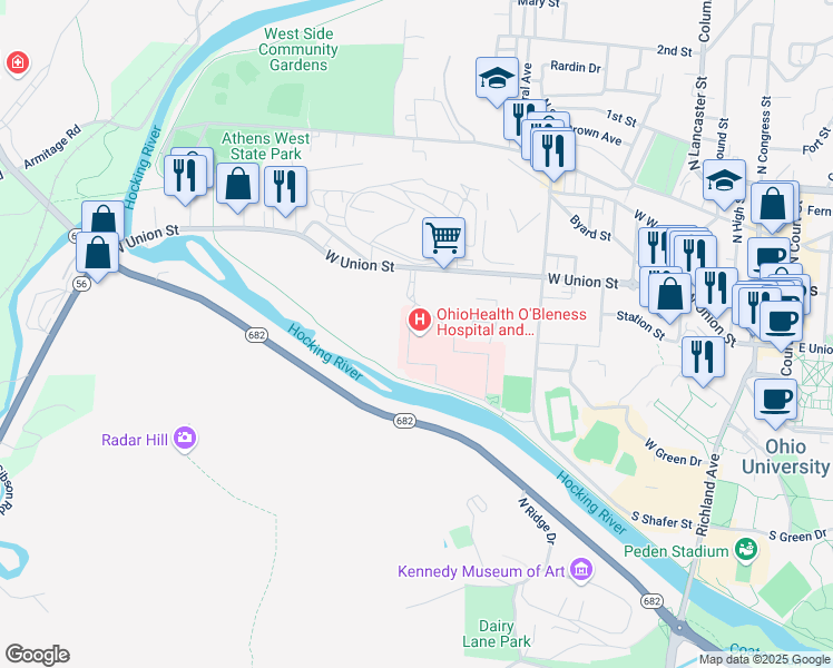 map of restaurants, bars, coffee shops, grocery stores, and more near 55 Hospital Drive in Athens