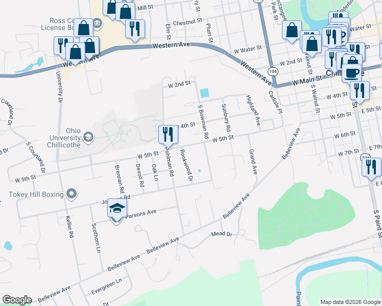 map of restaurants, bars, coffee shops, grocery stores, and more near 460 West 5th Street in Chillicothe