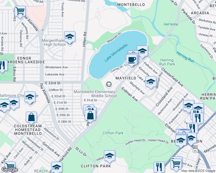 map of restaurants, bars, coffee shops, grocery stores, and more near 2040 East 32nd Street in Baltimore