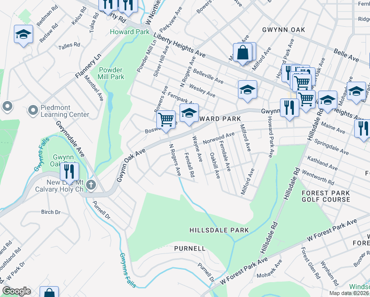 map of restaurants, bars, coffee shops, grocery stores, and more near Fendall Road in Baltimore