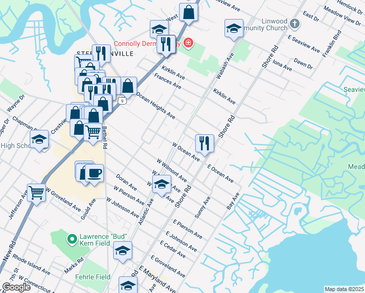 map of restaurants, bars, coffee shops, grocery stores, and more near 206 Philadelphia Avenue in Somers Point