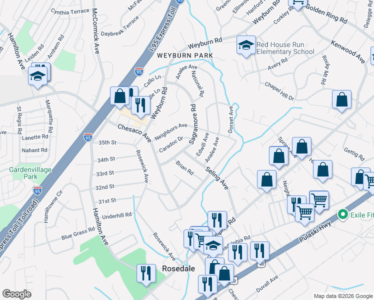 map of restaurants, bars, coffee shops, grocery stores, and more near 8023 Caradoc Drive in Rosedale