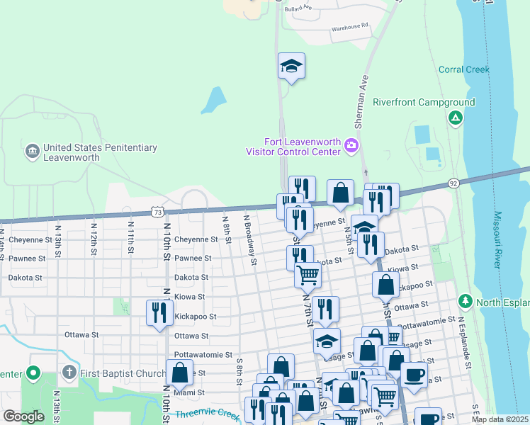map of restaurants, bars, coffee shops, grocery stores, and more near 736-748 Metropolitan Avenue in Leavenworth
