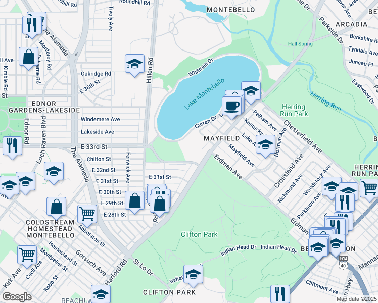 map of restaurants, bars, coffee shops, grocery stores, and more near 2040 East 32nd Street in Baltimore