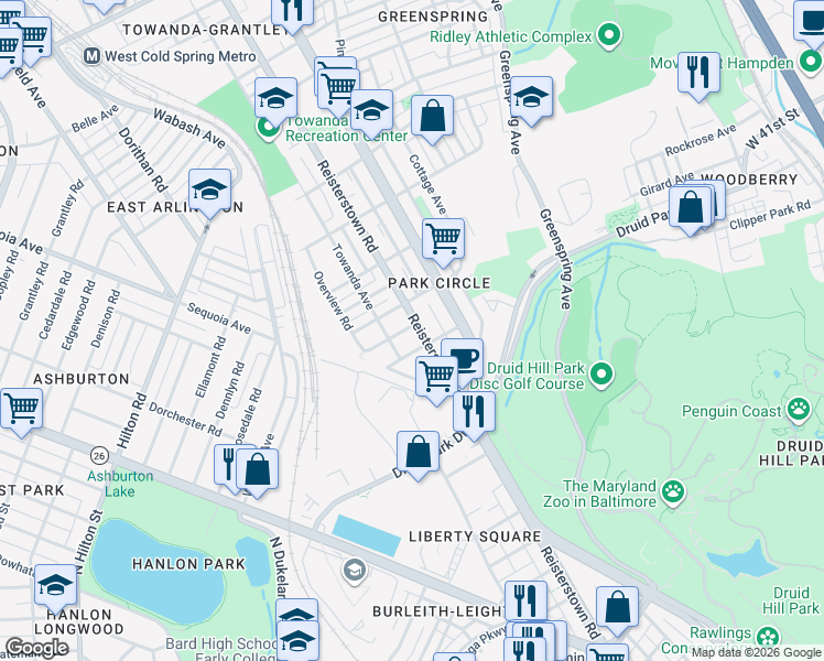 map of restaurants, bars, coffee shops, grocery stores, and more near 3516 Reisterstown Road in Baltimore