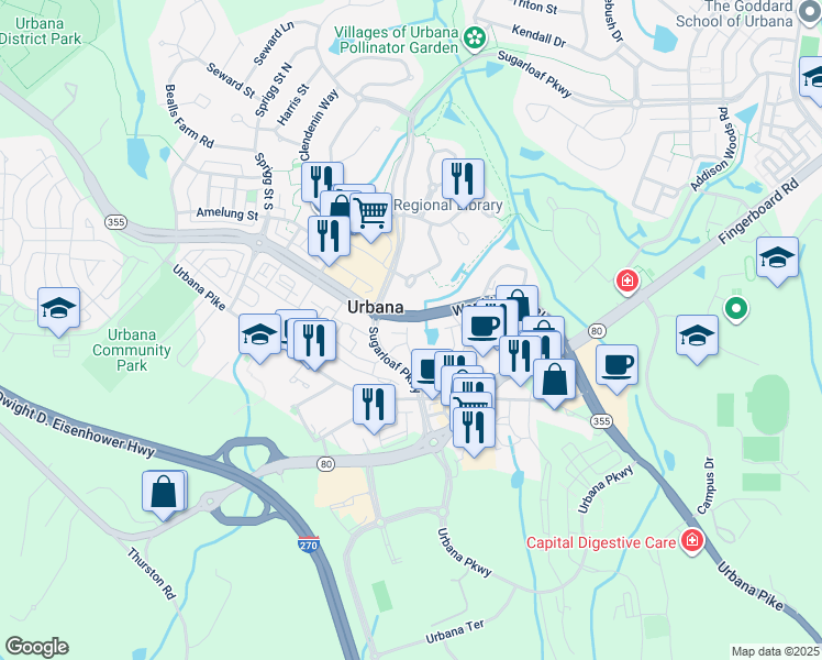 map of restaurants, bars, coffee shops, grocery stores, and more near 9114 Kenway Lane in Frederick