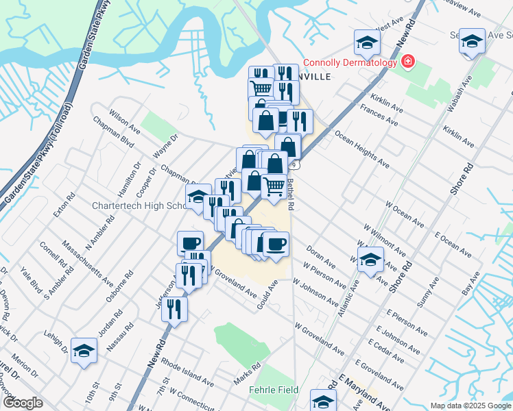 map of restaurants, bars, coffee shops, grocery stores, and more near 331 New Road in Somers Point