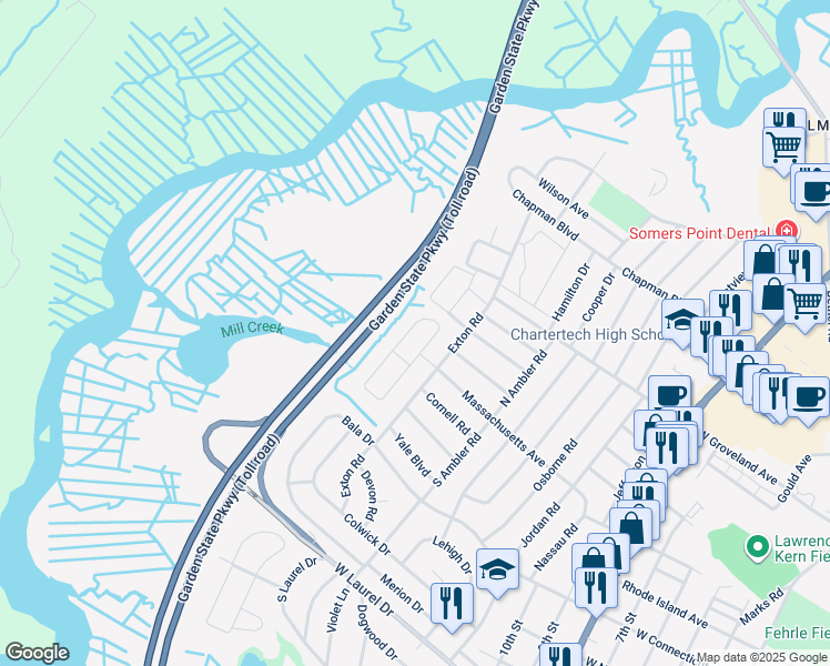 map of restaurants, bars, coffee shops, grocery stores, and more near 32 Bucknell Road in Somers Point