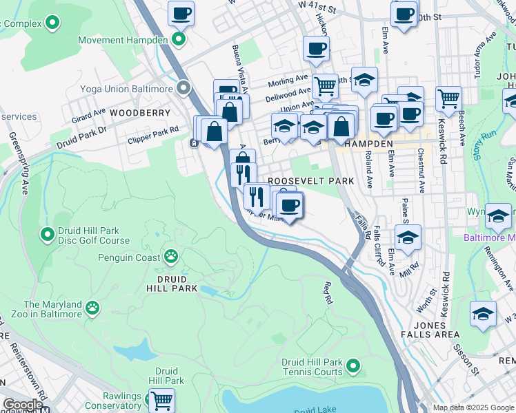 map of restaurants, bars, coffee shops, grocery stores, and more near 3437 Ash Street in Baltimore