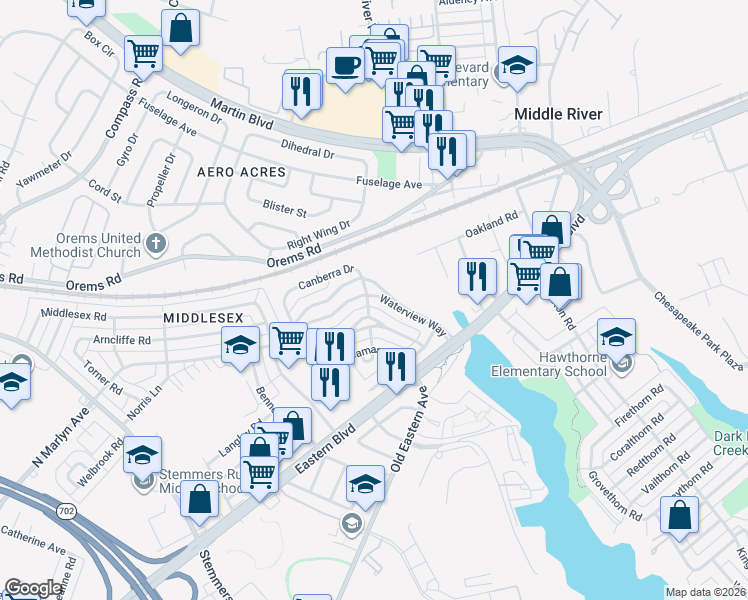 map of restaurants, bars, coffee shops, grocery stores, and more near 1301 Waterview Way in Essex
