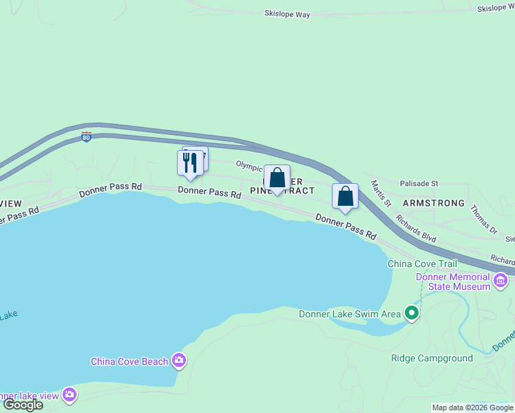 map of restaurants, bars, coffee shops, grocery stores, and more near 13475 Lincoln Highway in Truckee