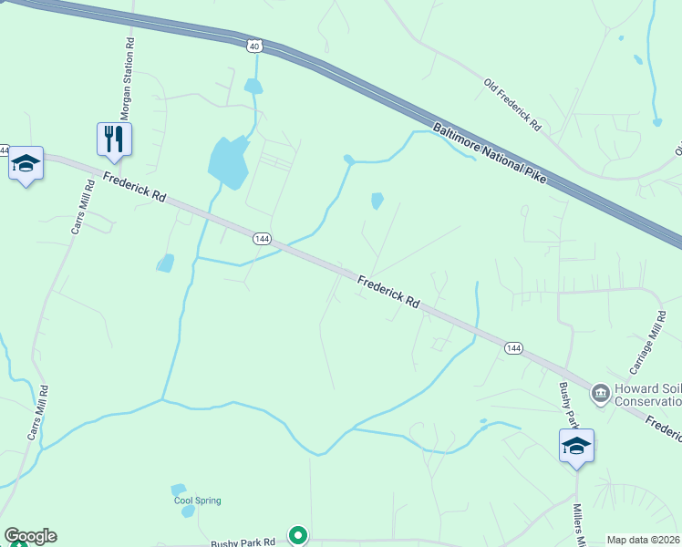 map of restaurants, bars, coffee shops, grocery stores, and more near 15101 Frederick Road in Woodbine