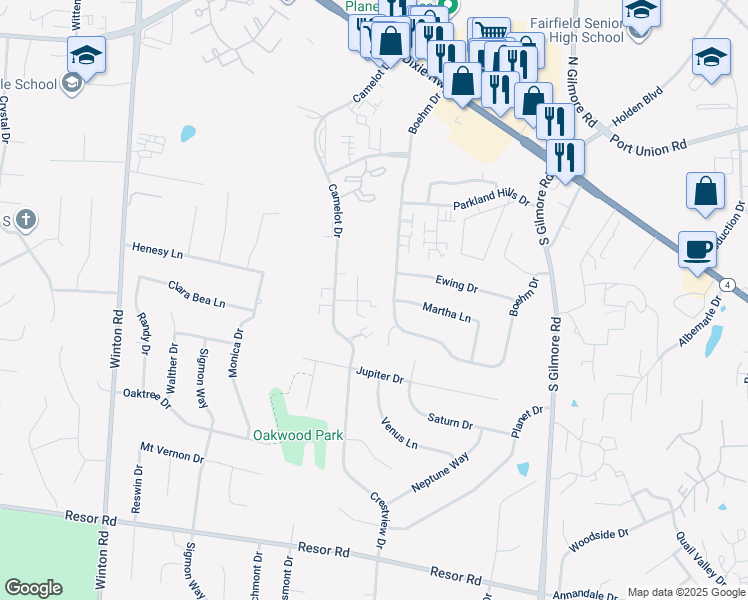 map of restaurants, bars, coffee shops, grocery stores, and more near 5394 Boehm Drive in Fairfield