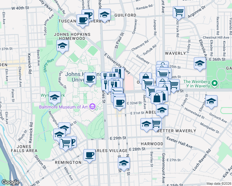 map of restaurants, bars, coffee shops, grocery stores, and more near St Paul St & E 33rd St in Baltimore