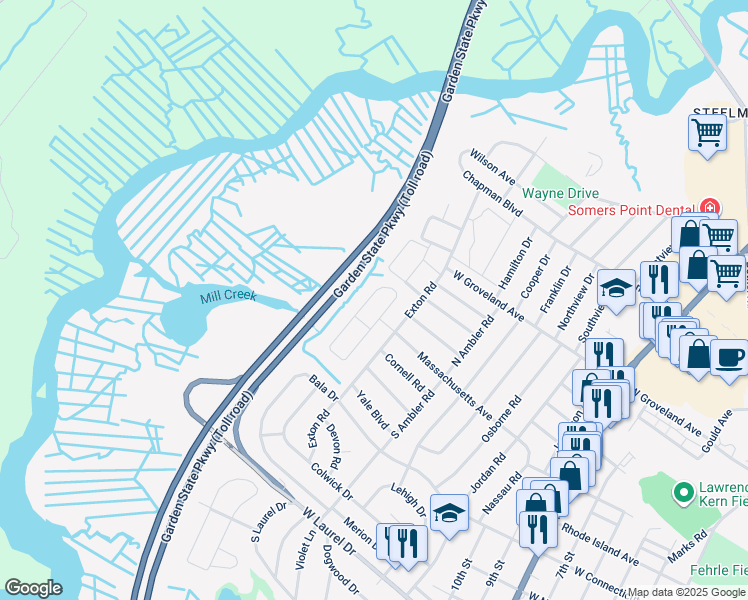 map of restaurants, bars, coffee shops, grocery stores, and more near 32 Bucknell Road in Somers Point