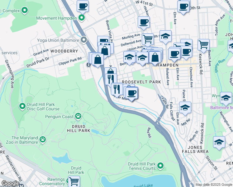 map of restaurants, bars, coffee shops, grocery stores, and more near 3437 Ash Street in Baltimore