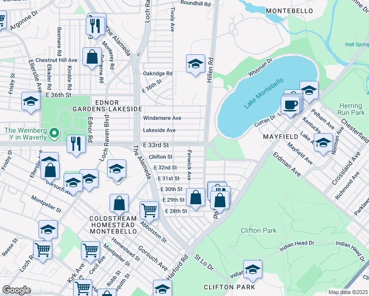 map of restaurants, bars, coffee shops, grocery stores, and more near 1725 East 33rd Street in Baltimore