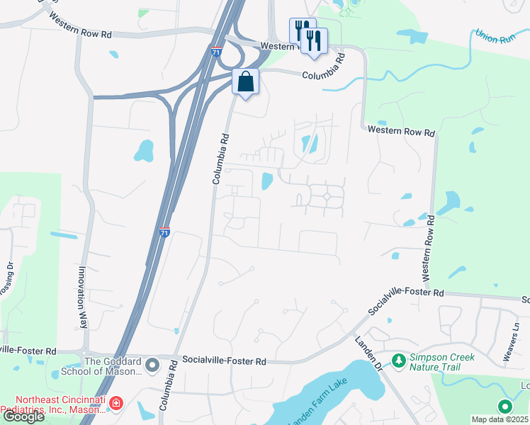 map of restaurants, bars, coffee shops, grocery stores, and more near 3280 Grand Falls Boulevard in Maineville