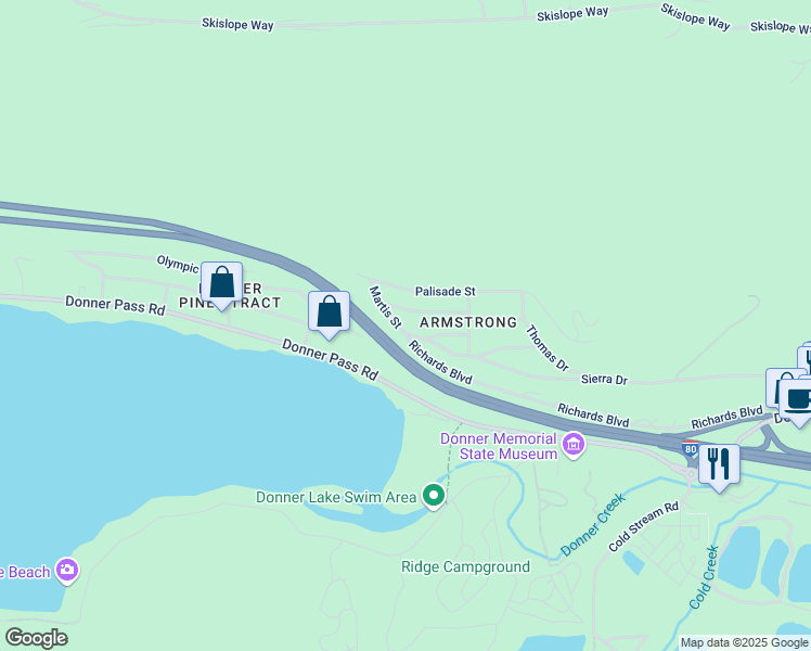 map of restaurants, bars, coffee shops, grocery stores, and more near 12921 Dulzura Street in Truckee