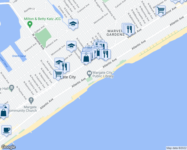map of restaurants, bars, coffee shops, grocery stores, and more near 100 South Gladstone Avenue in Margate City