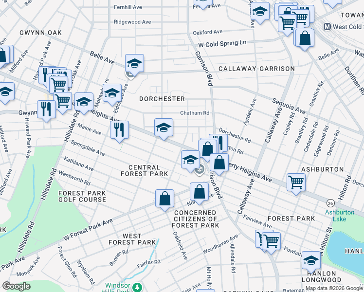 map of restaurants, bars, coffee shops, grocery stores, and more near Liberty Heights Avenue & Oakfield Avenue in Baltimore