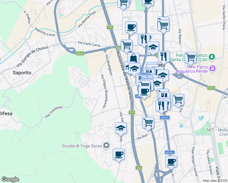 map of restaurants, bars, coffee shops, grocery stores, and more near 59 Via Modigliani in Quattromiglia