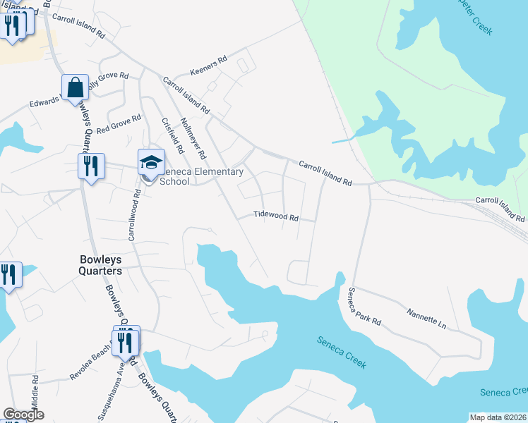 map of restaurants, bars, coffee shops, grocery stores, and more near 3926 Tidewood Road in Middle River