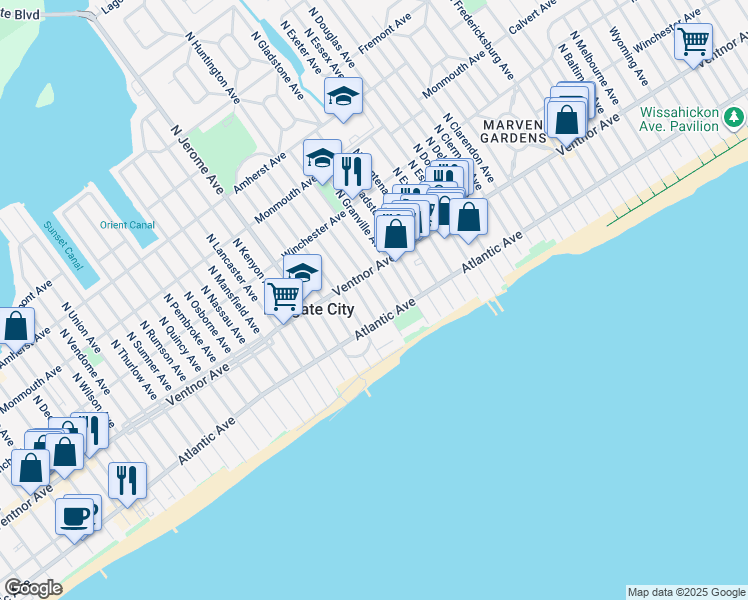 map of restaurants, bars, coffee shops, grocery stores, and more near 9 South Huntington Avenue in Margate City