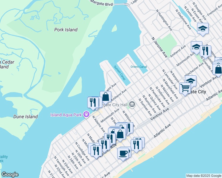 map of restaurants, bars, coffee shops, grocery stores, and more near 316 North Vendome Avenue in Margate City