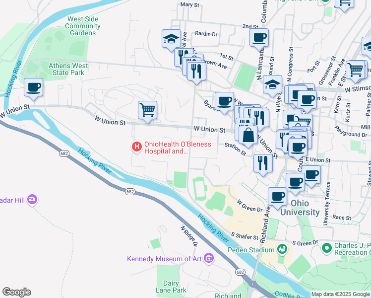 map of restaurants, bars, coffee shops, grocery stores, and more near 247 West Union Street in Athens
