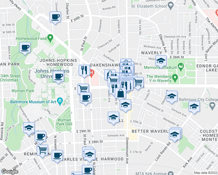 map of restaurants, bars, coffee shops, grocery stores, and more near E 33rd St & Abell Ave in Baltimore