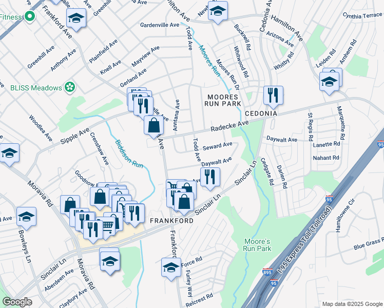 map of restaurants, bars, coffee shops, grocery stores, and more near 5427 Seward Avenue in Baltimore
