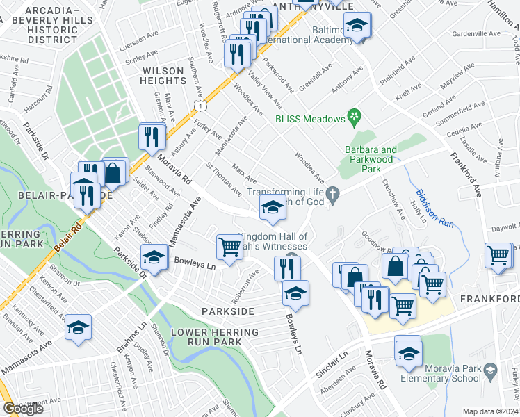 map of restaurants, bars, coffee shops, grocery stores, and more near 4518 Saint Thomas Avenue in Baltimore
