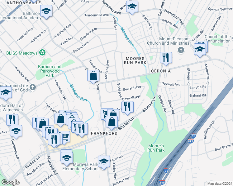 map of restaurants, bars, coffee shops, grocery stores, and more near 5427 Seward Avenue in Baltimore
